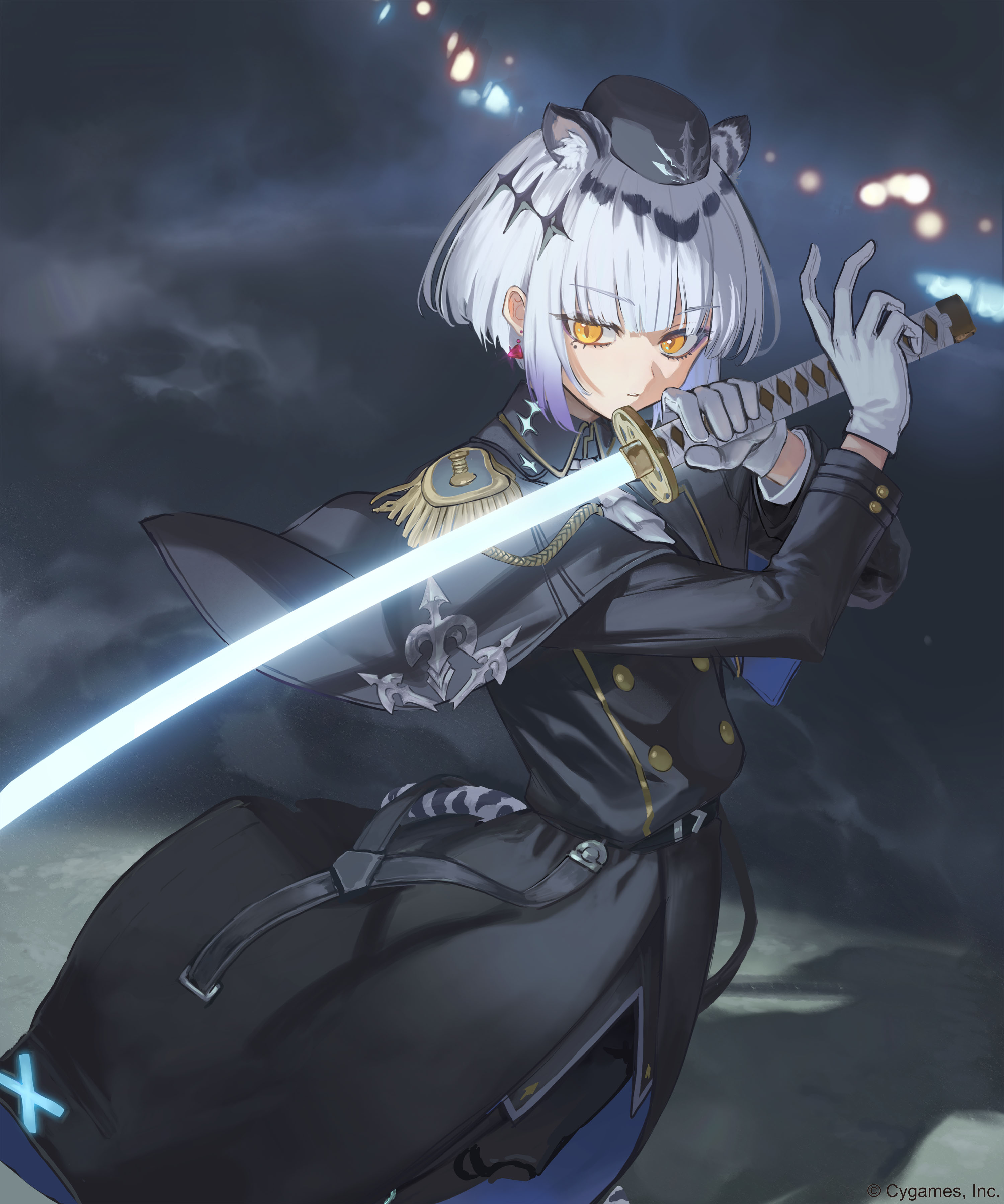 ponzu (catponz), shadowverse, absurdres, highres, official art, 1girl, animal ears, ascot, company name, fighting stance, gildaria (shadowverse), gloves, hat, holding, holding sword, holding weapon, jacket, katana, long sleeves, military jacket, sword, tail, tiger ears, tiger tail, weapon