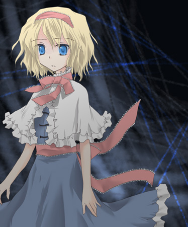 shima hinako, alice margatroid, touhou, lowres, 1girl, blonde hair, capelet, female focus, hairband, short hair, solo