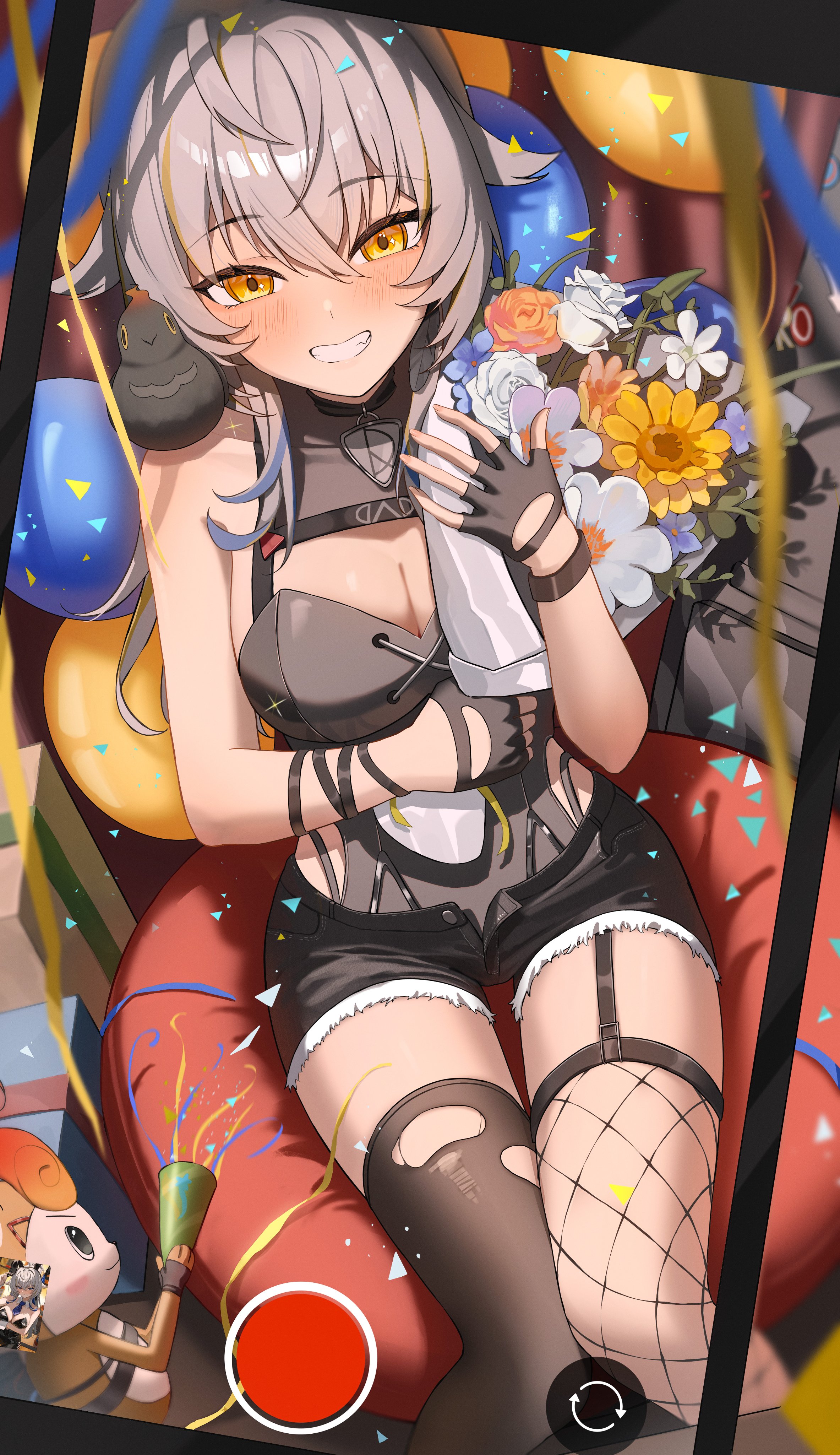 rega, original, absurdres, commission, highres, 1girl, animal, animal on shoulder, asymmetrical legwear, bare shoulders, bird, bird on shoulder, black gloves, black shorts, black thighhighs, blue flower, bouquet, breasts, cleavage, fingerless gloves, fishnet thighhighs, fishnets, flower, gloves, grey hair, grin, holding, holding bouquet, large breasts, long hair, looking at viewer, mismatched legwear, open fly, phone, shorts, smile, solo, taking picture, teeth, thighhighs, white flower, yellow eyes, yellow flower