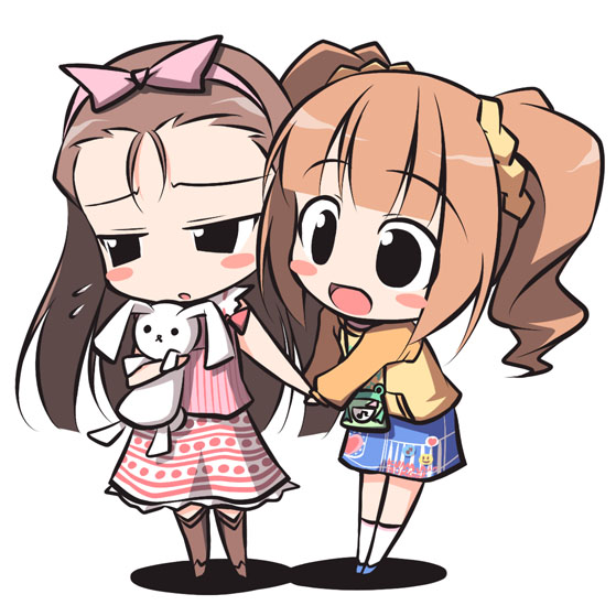 kagura yuuki, minase iori, takatsuki yayoi, idolmaster, idolmaster (classic), idolmaster 1, 00s, 2girls, blush, chibi, hairband, holding hands, multiple girls, raglan sleeves, twintails, white background