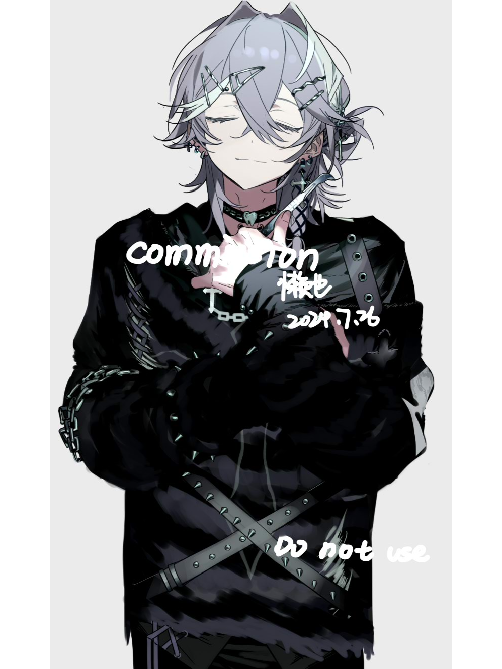original, highres, variant set, 1boy, belt, black pants, blood, blood on clothes, blood on face, chain, choker, closed eyes, collar, ear piercing, grey background, grey hair, hair between eyes, hair intakes, hair ornament, hairclip, jewelry, lanye11, long sleeves, male focus, multicolored hair, pants, piercing, simple background, sleeves past wrists, smile, solo, spikes, white hair