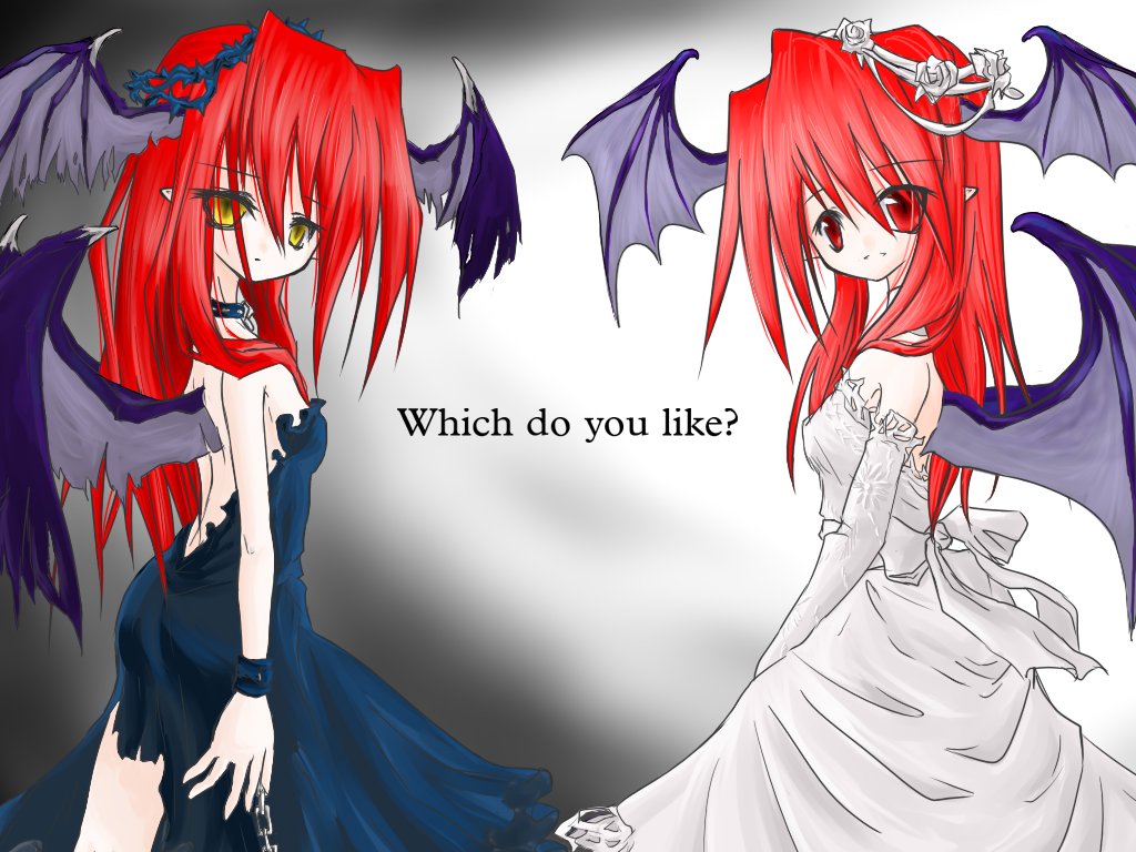 koakuma, embodiment of scarlet devil, touhou, 1girl, demon girl, dress, english text, eyes visible through hair, female focus, gradient background, grey background, head wings, multiple views, pointy ears, standing, white background, wings