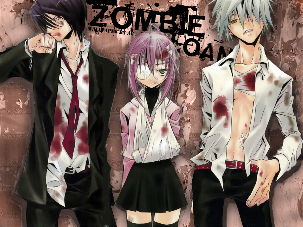 peach-pit, akatsuki chika, kita michiru, tachibana shito, zombie loan, silver hair, 00s, 1girl, 2boys, black skirt, black thighhighs, blood, blood on clothes, blue eyes, collarbone, expressionless, eyepatch, formal clothes, head tilt, jacket, jitome, long sleeves, looking at viewer, multiple boys, necktie, open clothes, open jacket, pink hair, red necktie, shirt, short hair, skirt, suit, thighhighs, white shirt, zettai ryouiki
