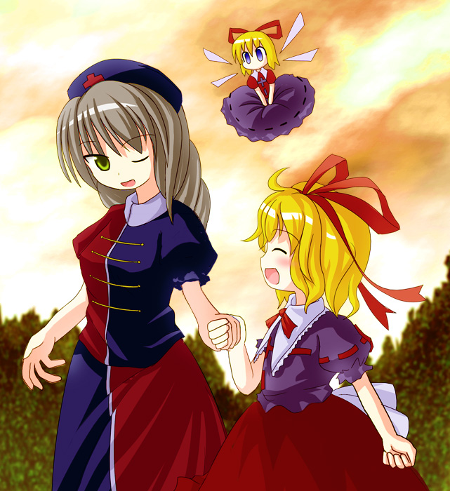 medicine melancholy, su-san, yagokoro eirin, touhou, 2girls, ahoge, blonde hair, blue eyes, bow, braid, closed eyes, doll, dress, female focus, green eyes, grey hair, hair bow, hair ribbon, hat, holding hands, multiple girls, nurse cap, one eye closed, open mouth, ribbon, short hair, sky, smile, wings, wink