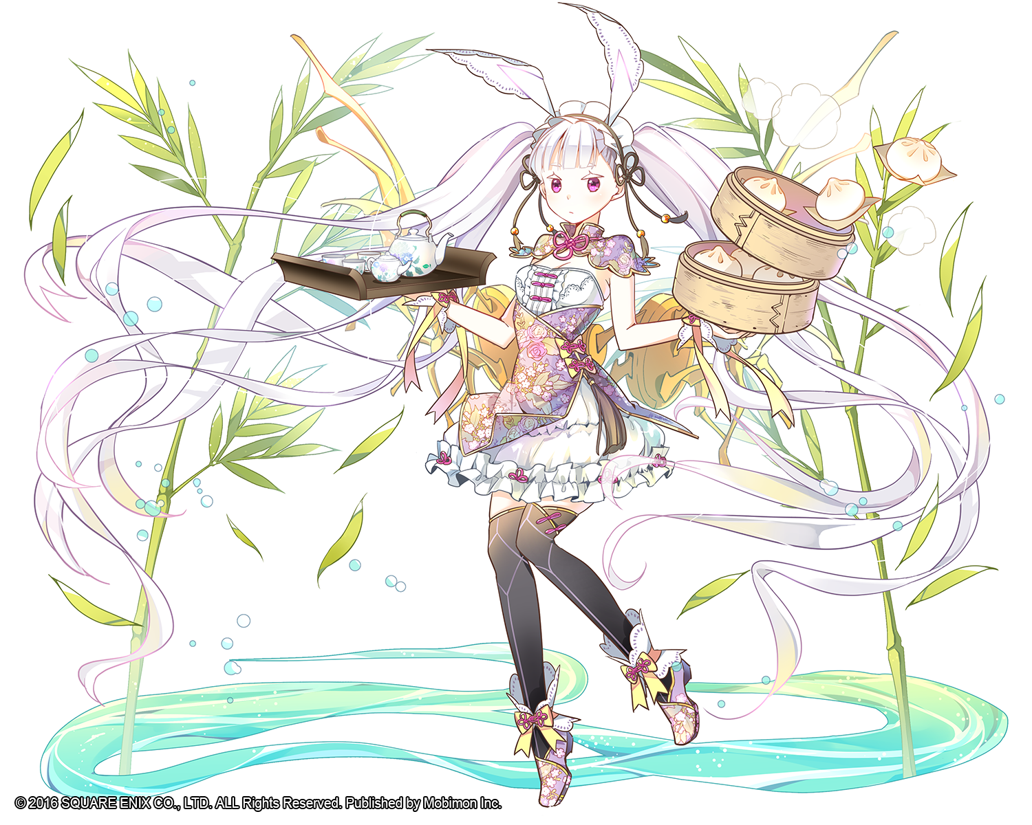 tin (wsp85205), uasaha, kai-ri-sei million arthur, million arthur (series), highres, official art, 1girl, animal ear hairband, animal ears, bamboo, bamboo steamer, black thighhighs, breasts, capelet, chinese clothes, dress, fake animal ears, food, frilled dress, frilled hairband, frills, hairband, holding, holding bamboo steamer, holding tray, long hair, medium breasts, off-shoulder dress, off shoulder, purple capelet, purple sash, purple shoes, rabbit ear hairband, rabbit ears, red eyes, sash, shoes, solo, steamed bun, teapot, thighhighs, tray, twintails, two-tone capelet, very long hair, white ankle cuffs, white background, white dress, white hair, white hairband, yellow capelet