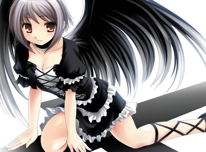 namamo nanase, nagato yuki, suzumiya haruhi no yuuutsu, 00s, 1girl, angel, black wings, choker, collar, female focus, goth fashion, solo, wings
