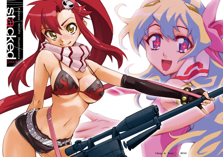 mori kotarou, nia teppelin, yoko littner, tengen toppa gurren lagann, 00s, bikini, bikini top only, gun, shorts, swimsuit, weapon