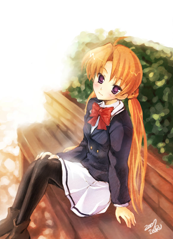 kaiji nekotsuki, nekou izuru, sakuya (sister princess), sister princess, 00s, 1girl, bench, female focus, outdoors, pantyhose, school uniform, solo