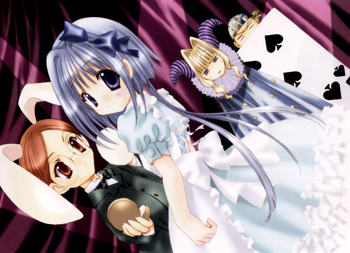 nanase aoi, white rabbit (alice in wonderland), alice's adventures in wonderland, kishou seireiki, seven colors of the wind, animal ears, card, glasses, horns, pocket watch, rabbit ears, seven colors of the wind nano, watch