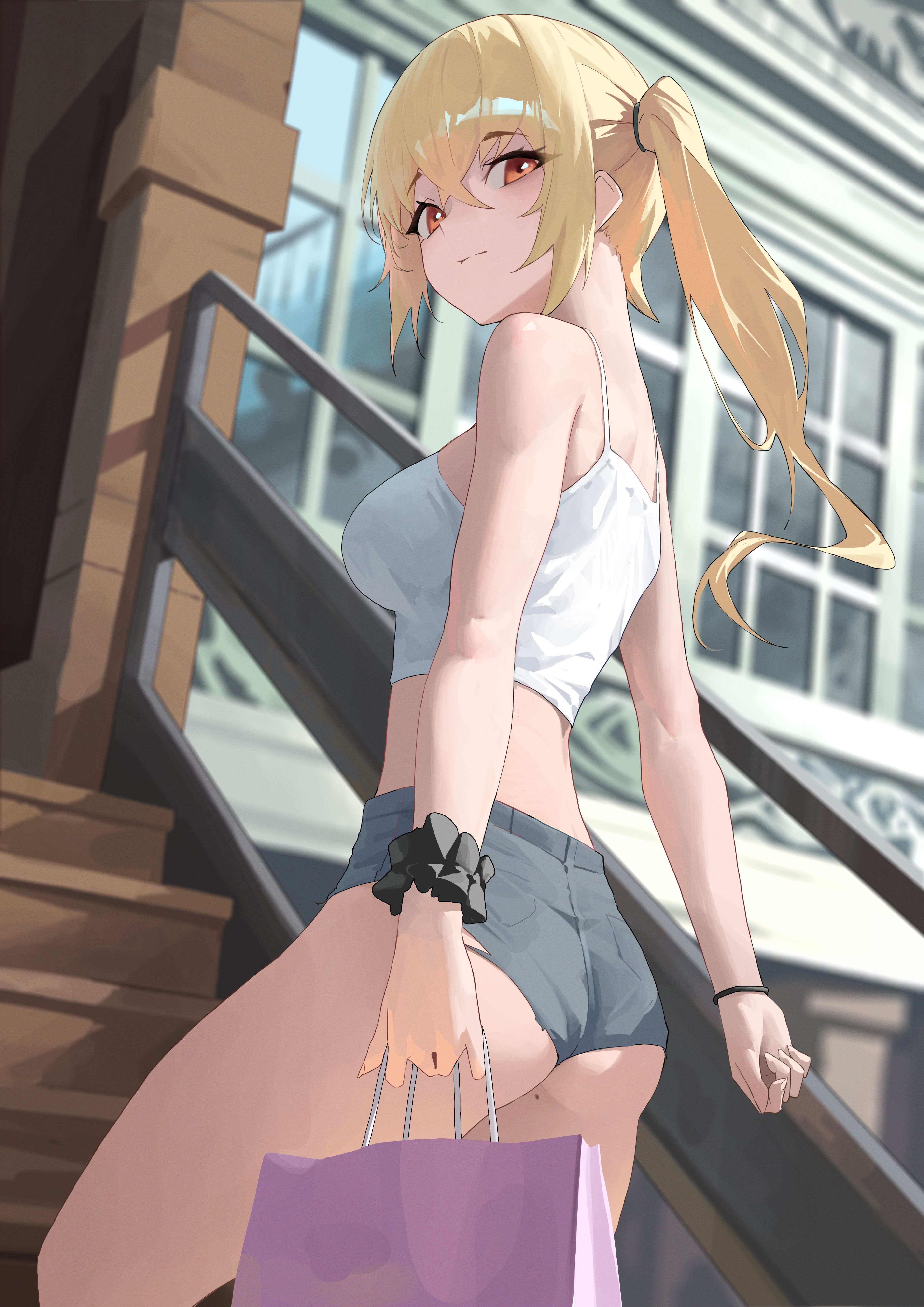 hwan (verypoor), luciana de montefio, zenless zone zero, absurdres, highres, korean commentary, 1girl, alternate costume, ass, bag, black shorts, blonde hair, breasts, camisole, holding, holding bag, looking at viewer, looking back, medium breasts, on stairs, red eyes, scrunchie, shopping bag, short shorts, shorts, side ponytail, solo, white camisole, wrist scrunchie