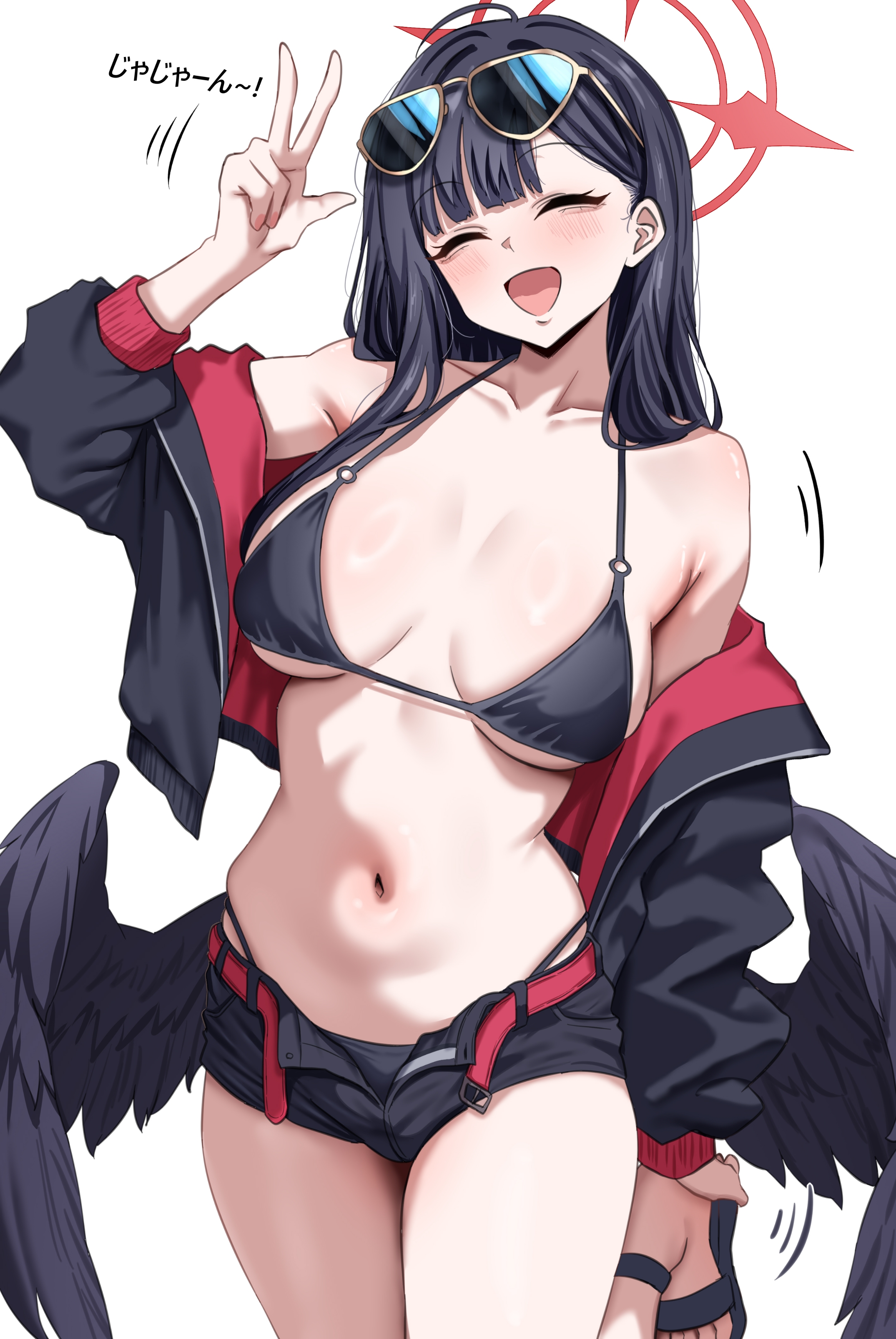 woo (woosan), ichika (blue archive), ichika (swimsuit) (blue archive), blue archive, absurdres, commentary request, highres, translation request, 1girl, :d, ^ ^, bikini, black bikini, black hair, black jacket, black wings, blush, breasts, closed eyes, eyewear on head, halo, jacket, long hair, medium breasts, navel, official alternate costume, open mouth, red halo, simple background, smile, solo, sunglasses, swimsuit, w, white background, wings