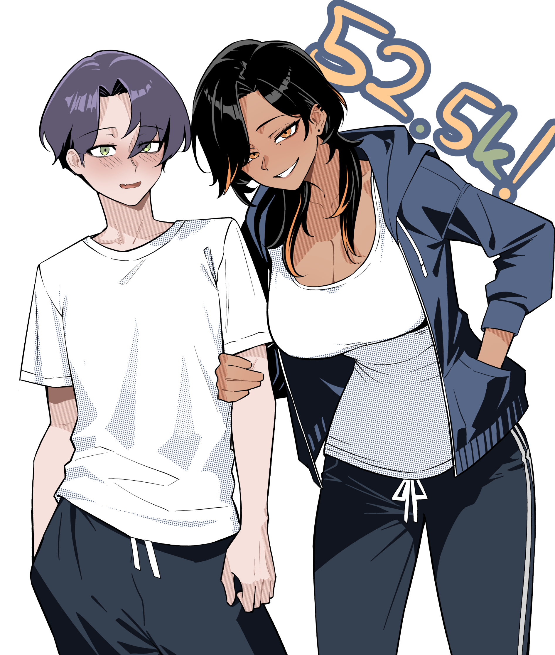 nokaa aru, original, commentary, english commentary, highres, 1boy, 1girl, black hair, black jacket, black pants, blush, breasts, cleavage, clenched teeth, dark-skinned female, dark skin, ear piercing, earrings, green eyes, hand in pocket, holding another's arm, hood, hooded jacket, hotaru (nokaa aru), jacket, jewelry, large breasts, long hair, looking at viewer, mole, mole under eye, multicolored hair, open mouth, orange eyes, orange hair, pants, piercing, purple hair, shirt, short hair, simple background, smile, streaked hair, stud earrings, t-shirt, teeth, track pants, white background, white shirt