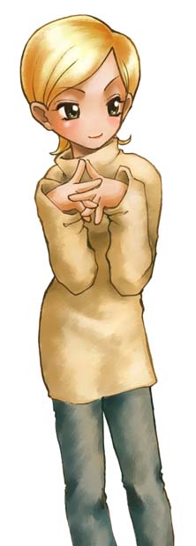 katou ryouichi, 1girl, blonde hair, brown eyes, female focus, long sleeves, own hands together, pants, short hair, simple background, solo, standing, sweater, white background