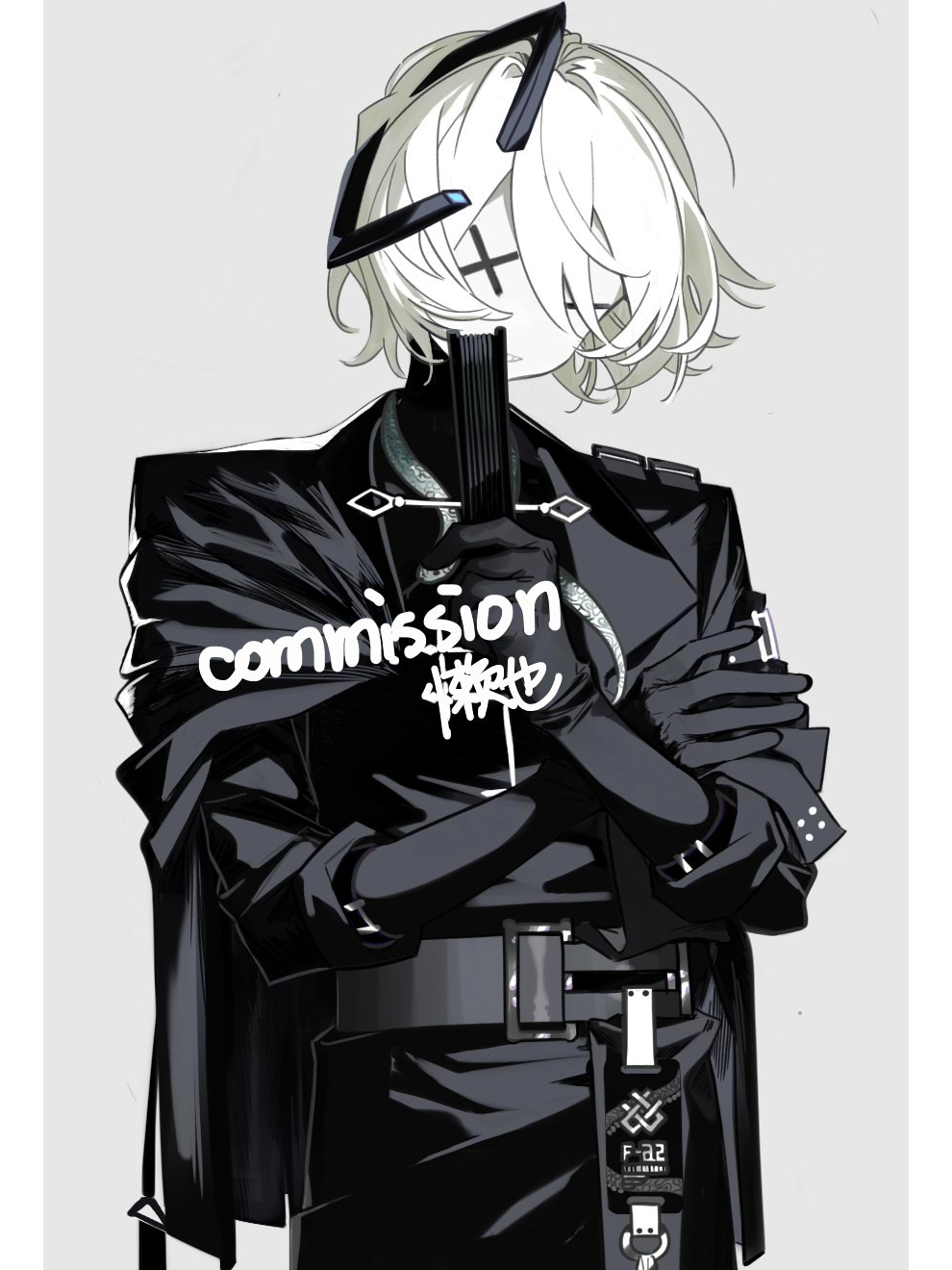 original, highres, belt, black gloves, black jacket, black shirt, cowboy shot, crossed arms, elbow gloves, english text, folded fan, folding fan, gloves, grey background, hair between eyes, hair ornament, hand fan, holding, jacket, jacket on shoulders, lanye11, long sleeves, mask, shirt, short hair, simple background, solo, white hair