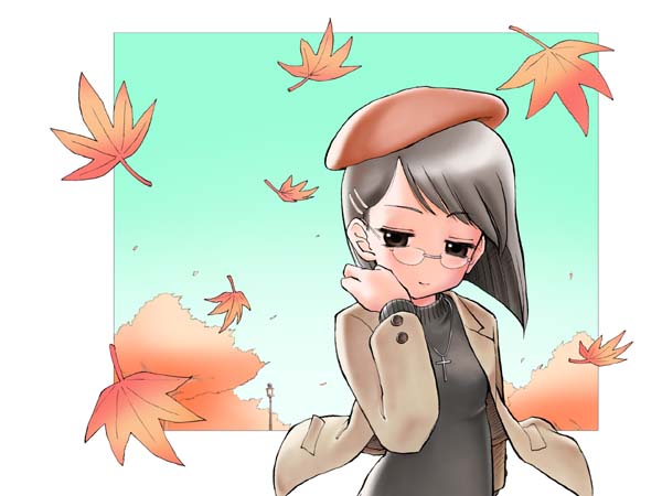 katou ryouichi, beret, cross, glasses, hat, latin cross, leaf, maple leaf, solo, turtleneck