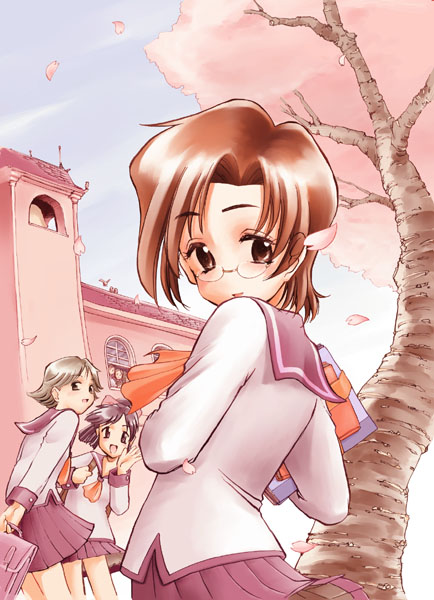 katou ryouichi, original, cherry blossoms, glasses, pink theme, school uniform, serafuku