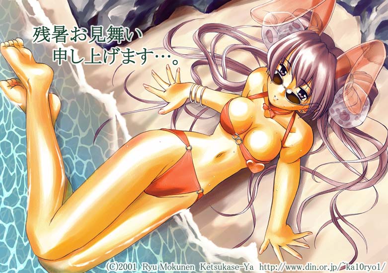katou ryouichi, usada hikaru, di gi charat, animal ears, barefoot, beach, bikini, orange bikini, rabbit ears, sunglasses, swimsuit, twintails