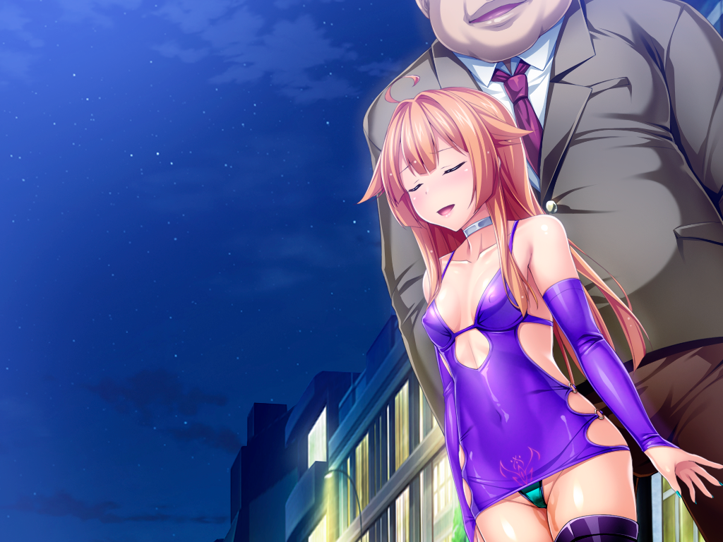 satou kuuki, amakubo yuri, kouyoku senki exs-tia, game cg, non-web source, official art, variant set, 1boy, 1girl, :d, ahoge, arms at sides, bare shoulders, blue panties, blush, breasts, brown hair, building, choker, closed eyes, clothing cutout, cloud, collar, collarbone, collared shirt, corruption, covered erect nipples, covered navel, cowboy shot, detached sleeves, dress, dutch angle, exhibitionism, fat, fat man, formal clothes, green panties, hair flaps, head out of frame, hetero, highleg, highleg panties, jacket, long hair, long sleeves, microdress, necktie, netorare, night, night sky, open mouth, outdoors, panties, pants, pubic tattoo, pubic tattoo through clothing, public indecency, purple dress, purple sleeves, pussy juice, red necktie, shiny clothes, shirt, short dress, side cutout, sidelocks, sky, sleeveless, sleeveless dress, small breasts, smile, solo focus, standing, star (sky), starry sky, suit, tattoo, thighhighs, underwear