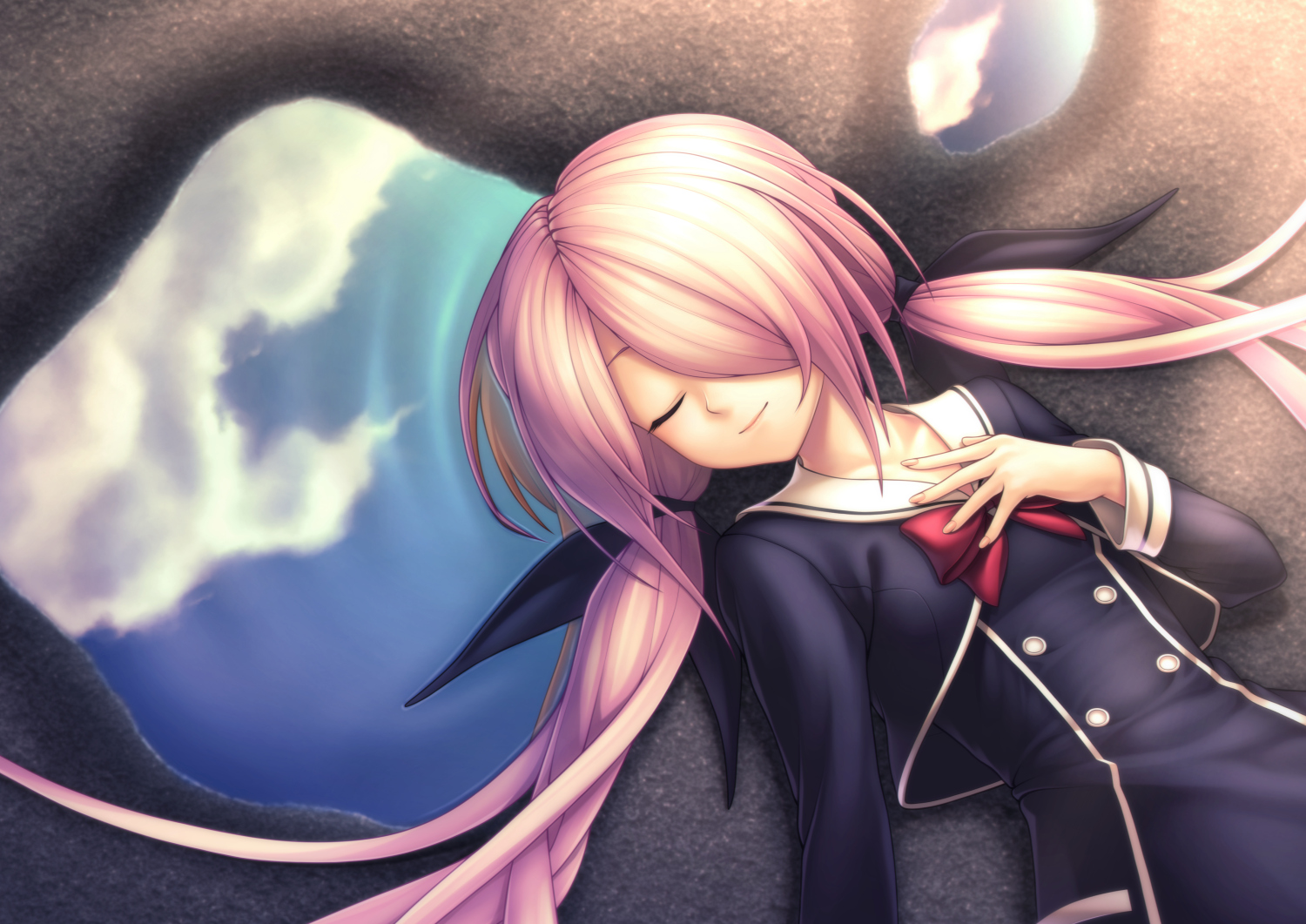taba neruko, minamisawa senri, chaos;child, science adventure, 1girl, black dress, black jacket, bow, breasts, buttons, chest bow, closed eyes, cropped jacket, dress, hair over one eye, hair ribbon, hekiho academy school uniform, jacket, long hair, long sleeves, pink hair, ribbon, school uniform, small breasts, smile, solo, twintails, very long hair