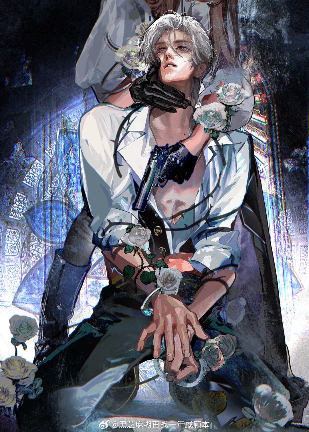 hei zhimahu, chinese commentary, highres, 1boy, 1girl, arm vines, beyond the world, black gloves, black pants, black shoes, black vest, brown hair, collarbone, cuffed, cuffs, facing viewer, femdom, flower, front-to-back, full body, gloves, grabbing another's chin, grabbing from behind, gun, hand on another's chin, handcuffs, handgun, head out of frame, heroine (beyond the world), holding, holding gun, holding weapon, kneeling, lips, long hair, looking at another, looking up, male focus, own hands together, pants, parted bangs, parted lips, partially unbuttoned, puffy sleeves, purple eyes, rose, shirt, shoes, short hair, sleeves rolled up, spread legs, stained glass, standing, thorns, three-quarter sleeves, vest, weapon, white flower, white hair, white rose, white shirt, wing collar, xia xiaoyin