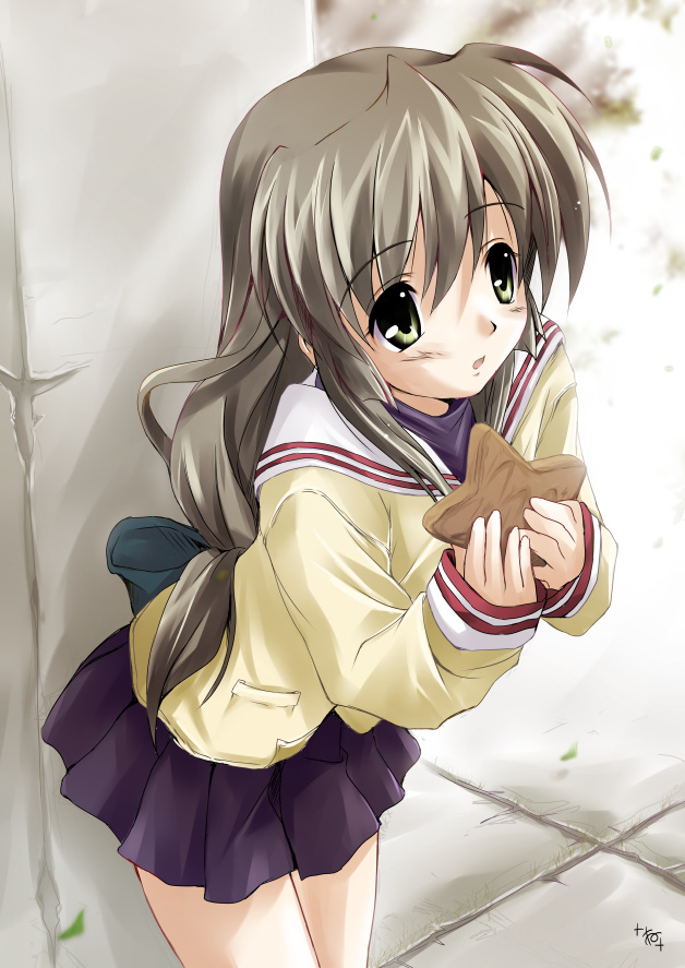 nekogoro, ibuki fuuko, clannad, 00s, 1girl, female focus, long hair, low-tied long hair, school uniform, serafuku, solo, starfish