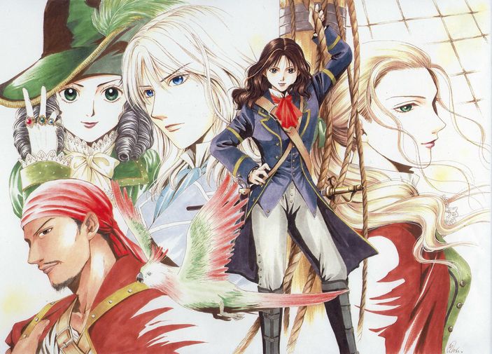 watase yuu, piratica, silver hair, 2boys, 3girls, ascot, bandana, beard, bird, blonde hair, blue eyes, boots, brown hair, closed mouth, dress, facial hair, hat, lips, long sleeves, looking at viewer, multiple boys, multiple girls, pants, parrot, pirate, pirate hat, profile, red dress, rope, simple background, upper body, white background