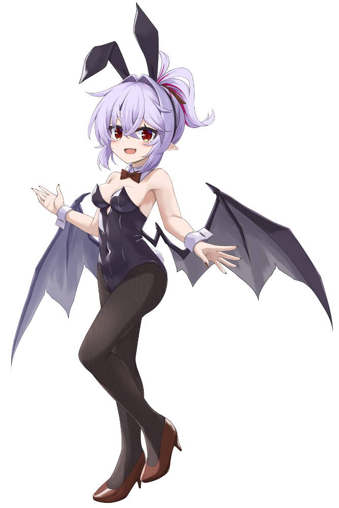 akisome hatsuka, remilia scarlet, touhou, commentary request, 1girl, :d, alternate costume, animal ear hairband, animal ears, bat wings, black hairband, black leotard, black pantyhose, black wings, bow, bowtie, breasts, covered navel, detached collar, fake animal ears, fake tail, fingernails, full body, hair between eyes, hairband, high heels, leotard, looking at viewer, open mouth, pantyhose, playboy bunny, purple hair, rabbit ear hairband, rabbit ears, rabbit tail, red bow, red bowtie, red eyes, red nails, red shoes, sharp fingernails, shoes, short hair, sidelocks, simple background, small breasts, smile, solo, standing, strapless, strapless leotard, tail, white background, wings, wrist cuffs