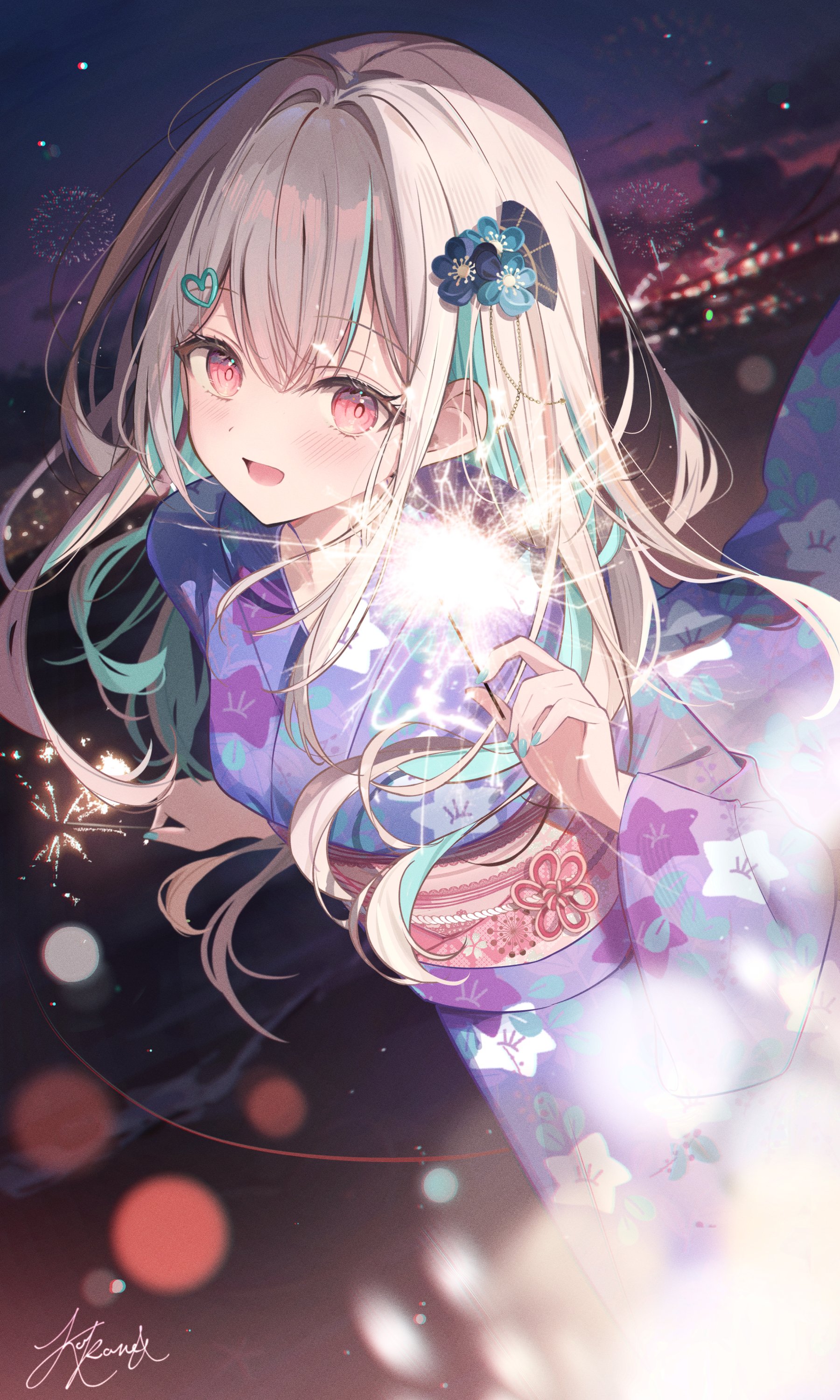 kokonex, original, absurdres, highres, 1girl, aqua hair, artist name, blue kimono, fireworks, grey hair, hair ornament, holding, holding fireworks, japanese clothes, kimono, long hair, long sleeves, looking at viewer, multicolored hair, night, night sky, obi, obiage, obijime, open mouth, pink eyes, pink sash, sash, signature, sky, solo, sparkler, two-tone hair