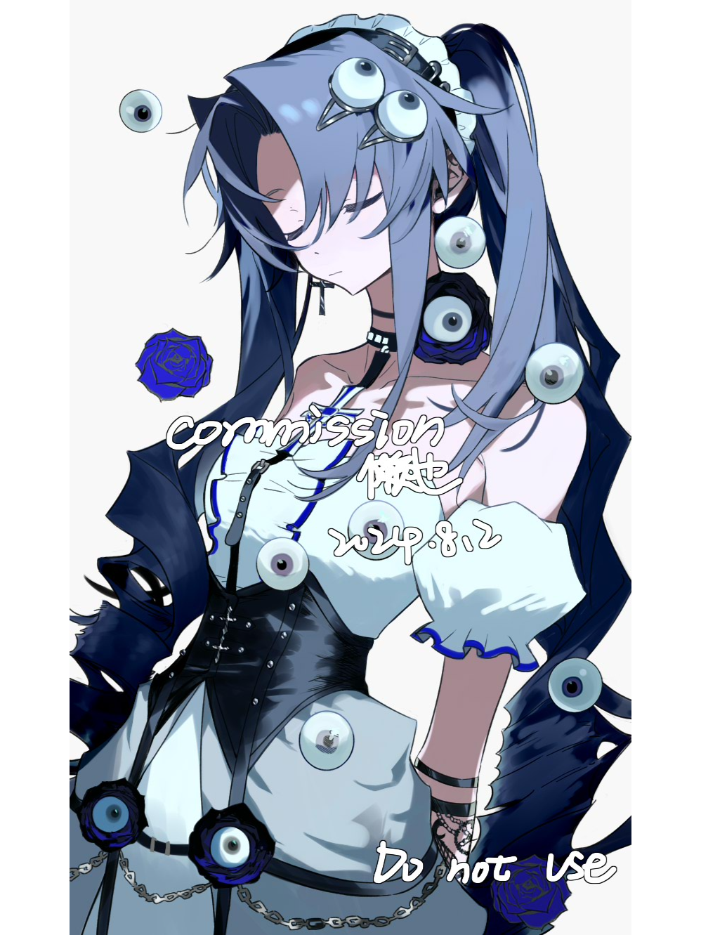 original, highres, variant set, 1girl, bare shoulders, black gloves, blue flower, blue hair, blue rose, chain, closed eyes, corset, detached sleeves, dress, drill hair, drill sidelocks, eyeball, eyeball hair ornament, flower, gloves, hair ornament, high ponytail, lanye11, long hair, parted bangs, ponytail, puffy sleeves, rose, short sleeves, side ponytail, sidelocks, solo, twintails