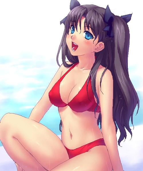 zen, tohsaka rin, fate/stay night, fate (series), 00s, 1girl, :d, bikini, black hair, blue eyes, blush, breasts, cleavage, female focus, long hair, navel, oekaki, official alternate costume, open mouth, red bikini, sitting, smile, solo, swimsuit, twintails, two side up