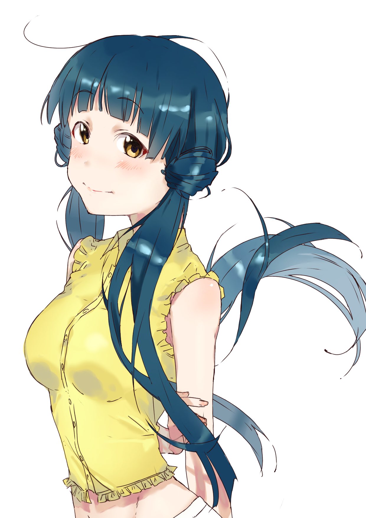 kitakami reika, idolmaster, idolmaster million live!, idolmaster million live! theater days, highres, 1girl, arm behind back, blue eyes, blue hair, blunt bangs, blush, brown eyes, cowboy shot, denim, eyelashes, frilled shirt, frills, holding own arm, jeans, light blush, light smile, long hair, midriff, navel, pants, parupuno yousei, shirt, sleeveless, sleeveless shirt, solo, twintails with hair base, very long hair, white background, white pants, wind, wing collar, yellow shirt