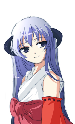 hanyuu, higurashi no naku koro ni, lowres, 00s, 1girl, female focus, hakama, hakama skirt, horns, japanese clothes, miko, purple eyes, purple hair, red hakama, simple background, skirt, solo