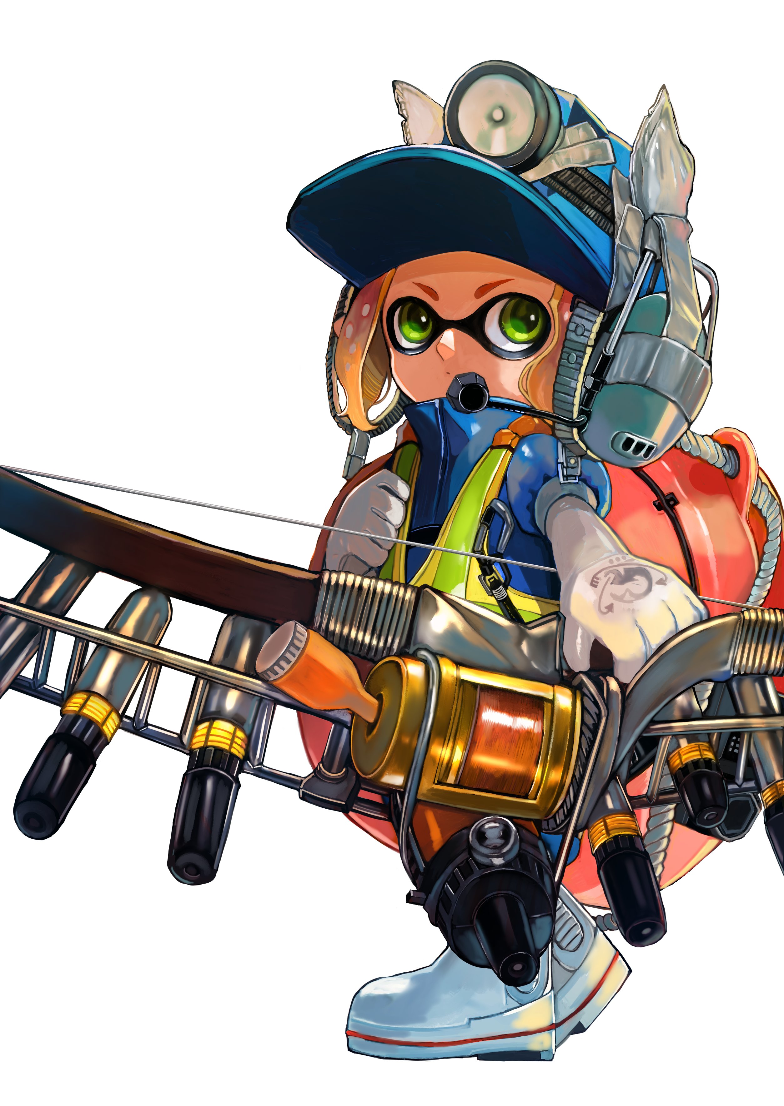 ovfr p, inkling girl, inkling player character, nintendo, splatoon (series), splatoon 3, absurdres, commentary request, highres, 1girl, blue helmet, blue jumpsuit, boots, closed mouth, duct tape, elbow gloves, full body, gloves, gradient hair, green eyes, grizzco stringer (splatoon), headlamp, headset, helmet, high-visibility clothing, high-visibility vest, holding, holding weapon, inkling, jumpsuit, lifebuoy, mining helmet, multicolored hair, orange hair, puffy sleeves, purple hair, rubber boots, rubber gloves, salmon run (splatoon), short hair, simple background, solo, standing, swim ring, tentacle hair, weapon, white background, white boots, white gloves