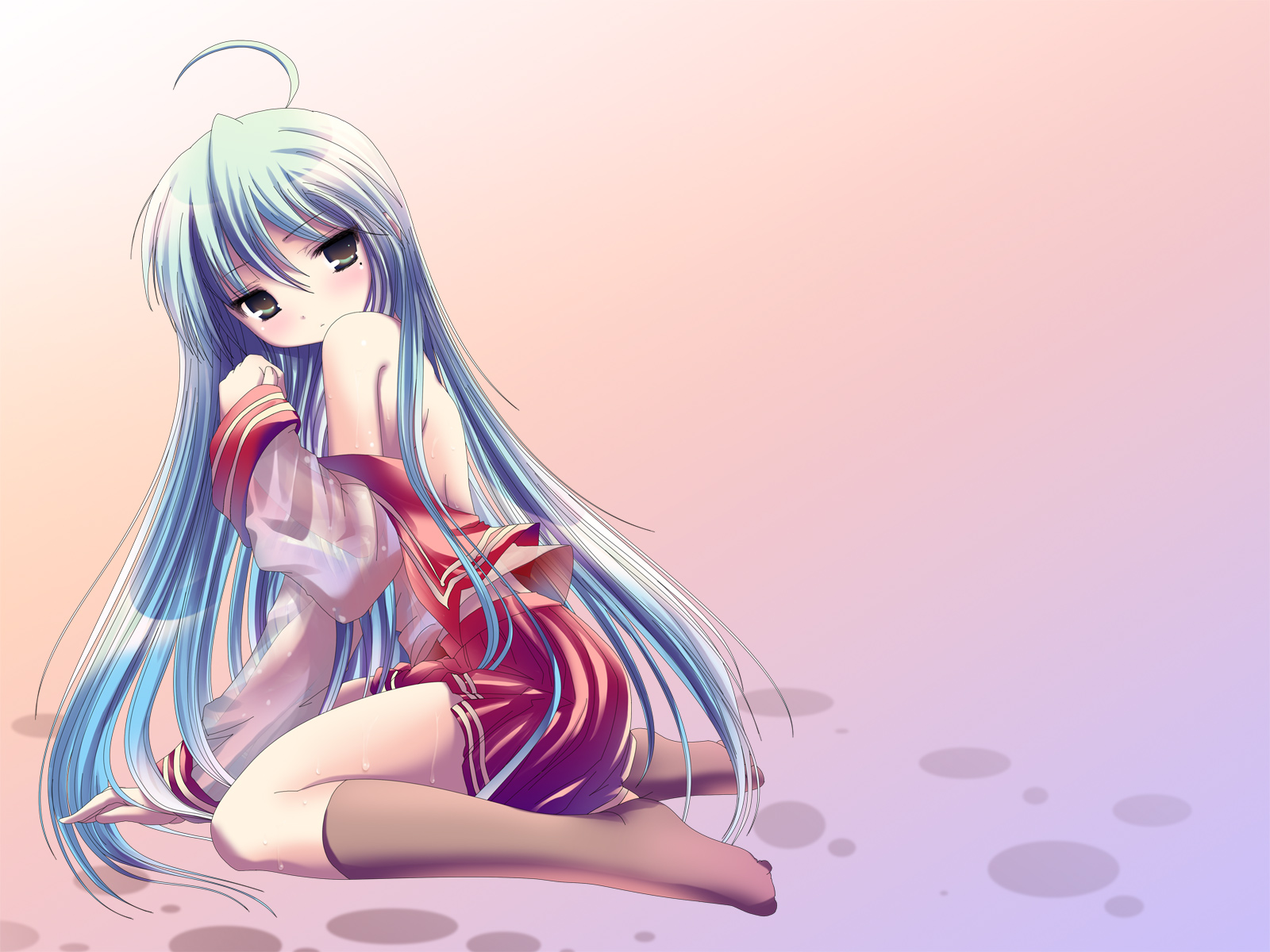 namamo nanase, izumi konata, lucky star, highres, 00s, 1girl, blue hair, blush, female focus, green eyes, long hair, school uniform, serafuku, socks, solo, undressing, wet, wet clothes