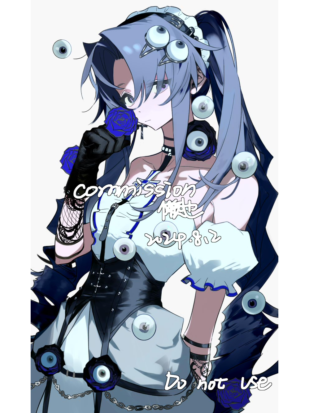 original, highres, variant set, 1girl, bare shoulders, black gloves, blue flower, blue hair, blue rose, chain, corset, detached sleeves, dress, drill hair, drill sidelocks, eyeball, eyeball hair ornament, flower, gloves, hair ornament, high ponytail, holding, holding flower, lanye11, long hair, parted bangs, ponytail, puffy sleeves, purple eyes, rose, short sleeves, side ponytail, sidelocks, solo, twintails