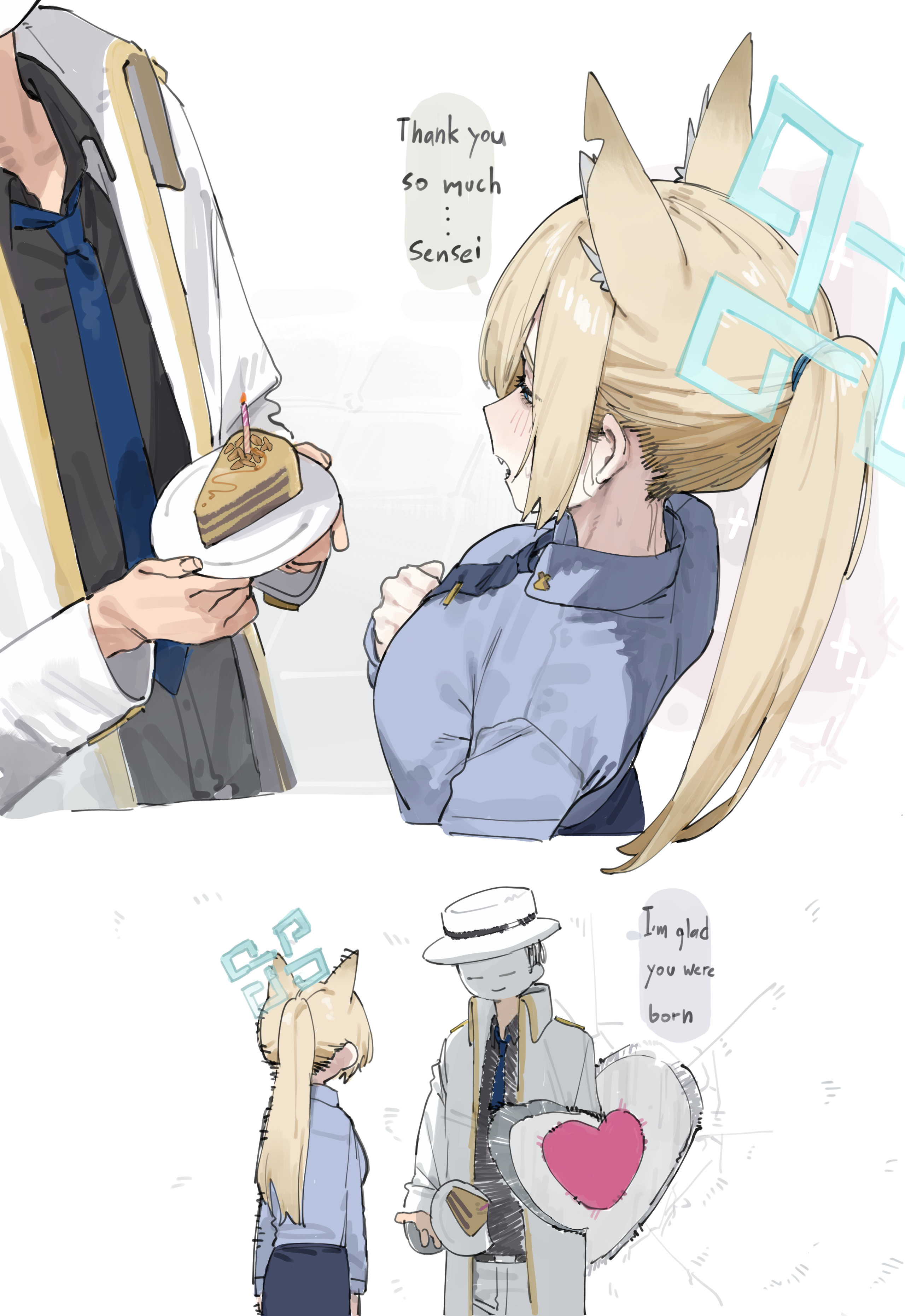 lonklink, doodle sensei (blue archive), kanna (blue archive), sensei (blue archive), blue archive, absurdres, highres, 1boy, 1girl, animal ears, birthday cake, black shirt, blue eyes, blue halo, blue necktie, blue shirt, blue skirt, breasts, cake, coat, dog ears, english text, extra ears, food, halo, heart-shaped hole, hole on body, large breasts, long hair, necktie, notched ear, ponytail, rectangular halo, shirt, skirt, white coat