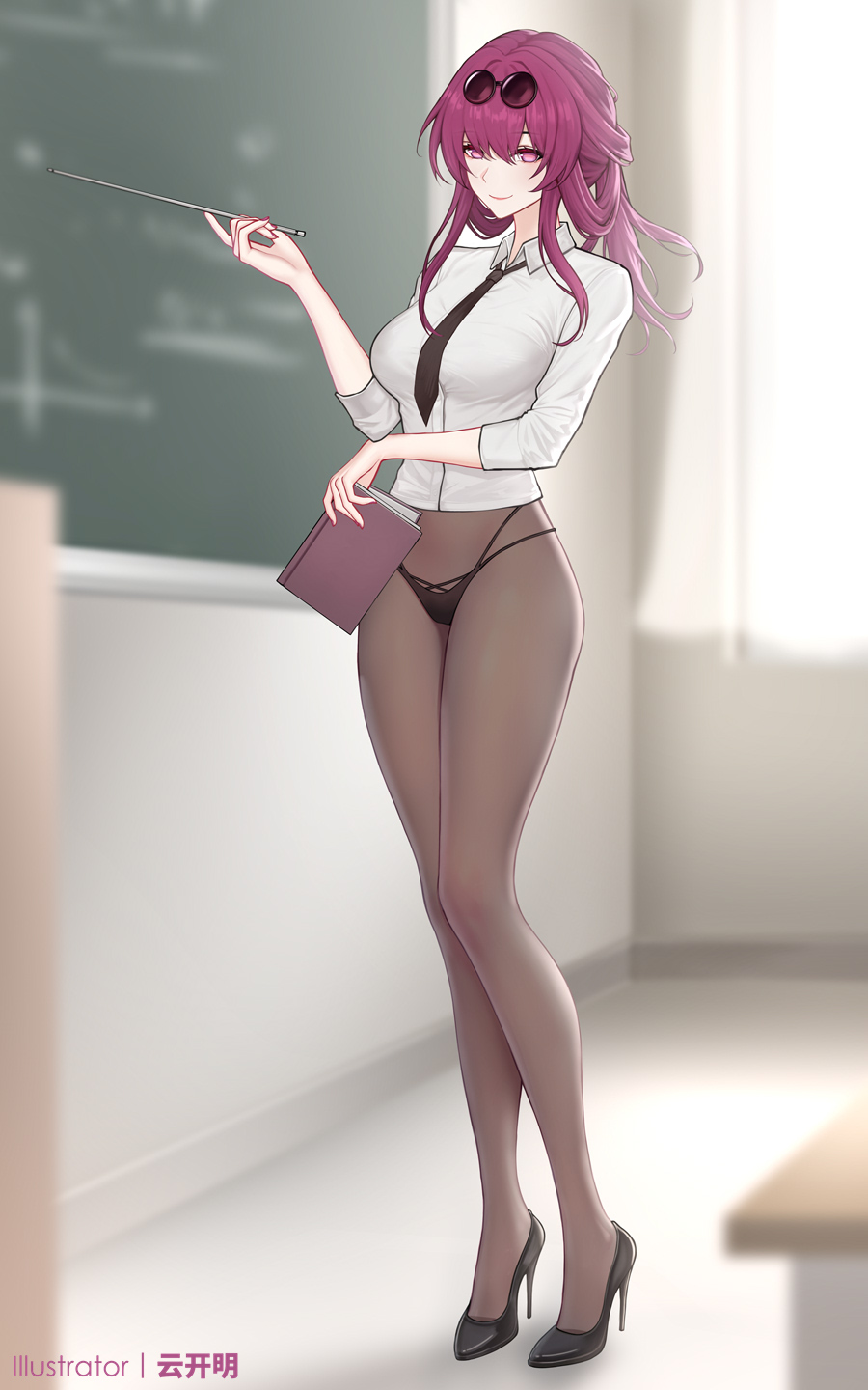 yunkaiming, kafka (honkai: star rail), honkai: star rail, honkai (series), commentary, hashtag-only commentary, highres, paid reward available, 1girl, alternate costume, artist name, black necktie, black panties, black pantyhose, black shoes, blurry, blurry background, book, breasts, chalkboard, classroom, closed mouth, collared shirt, eyewear on head, full body, glasses, high heels, holding, holding book, holding pointer, indoors, large breasts, long hair, looking at viewer, nail polish, necktie, no pants, no pupils, panties, panties over pantyhose, pantyhose, pince-nez, pointer, pumps, purple eyes, purple hair, purple nails, round eyewear, shirt, shirt tucked in, shoes, smile, solo, standing, sunglasses, teacher, underwear, white shirt