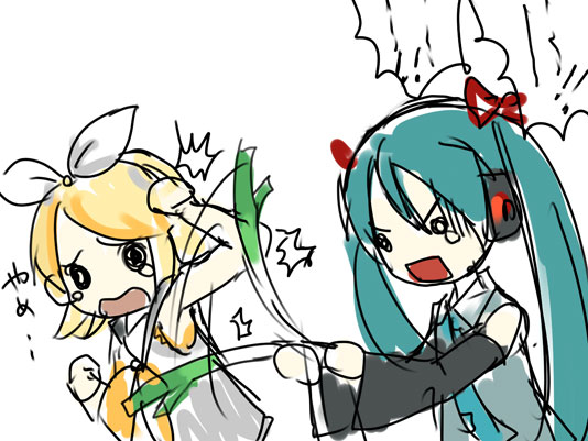 hatsune miku, kagamine rin, vocaloid, 2girls, hitting, multiple girls, sketch, spring onion, twintails