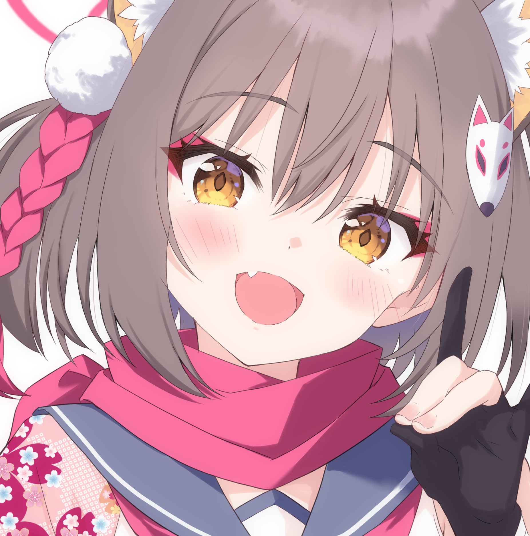 s sequentia, izuna (blue archive), blue archive, commentary request, highres, 1girl, :d, animal ear fluff, animal ears, black gloves, blue sailor collar, blush, brown hair, cherry blossom print, eyelashes, eyeshadow, fang, fingernails, floral print, fox ears, fox girl, fox hair ornament, fox shadow puppet, gloves, hair between eyes, hair ornament, halo, hand up, happy, looking at viewer, makeup, medium hair, one side up, open mouth, partially fingerless gloves, pink eyeshadow, pink halo, pink scarf, pom pom (clothes), pom pom hair ornament, portrait, sailor collar, scarf, school uniform, serafuku, simple background, skin fang, smile, solo, straight hair, white background, yellow eyes