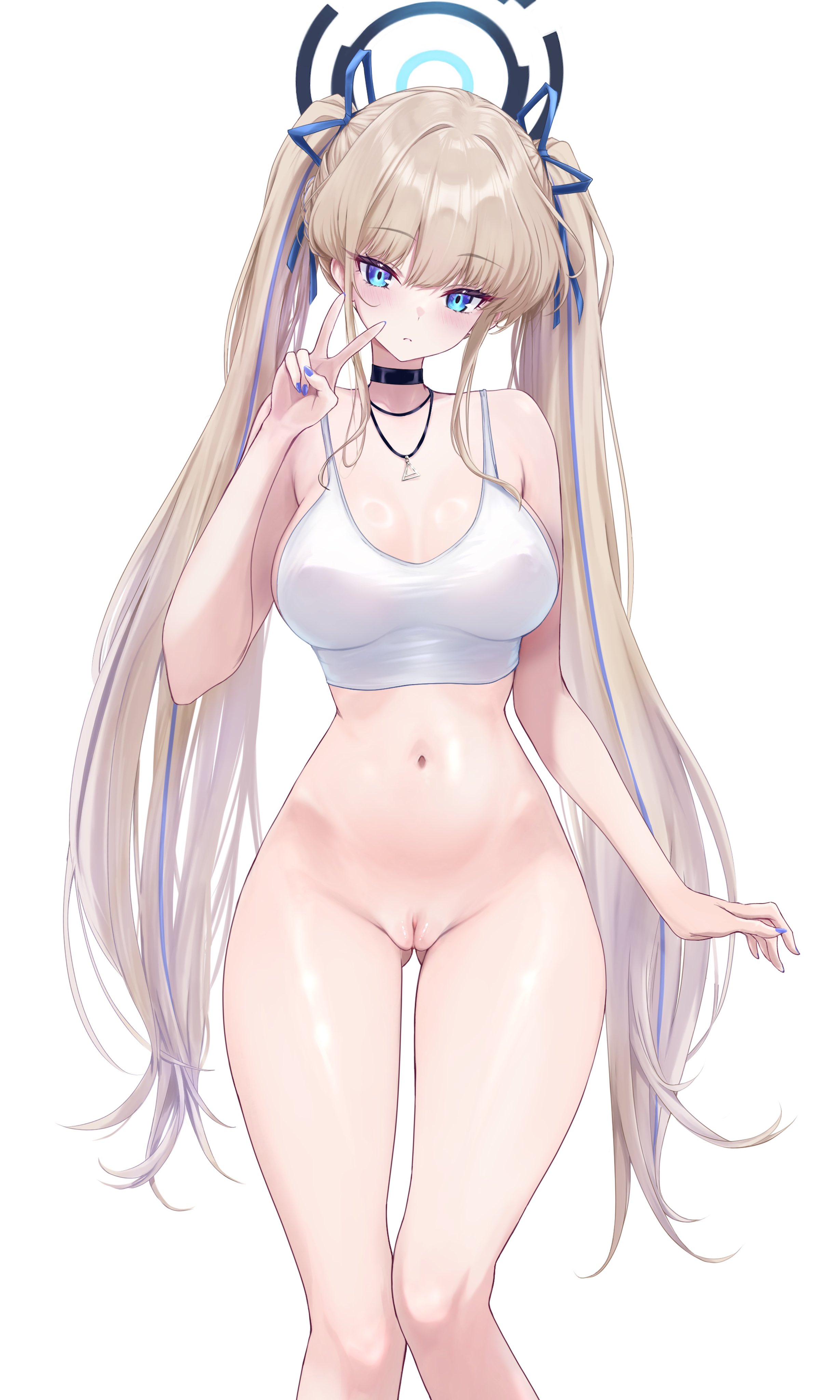 noa (skae3323), toki (blue archive), blue archive, absurdres, commentary request, highres, variant set, 1girl, alternate costume, black choker, blonde hair, blue eyes, blue hair, blue halo, blue nails, blue ribbon, blush, bottomless, breasts, camisole, choker, closed mouth, covered erect nipples, cowboy shot, crop top, gluteal fold, hair ribbon, halo, hand up, large breasts, long hair, looking at viewer, multicolored hair, navel, pussy, ribbon, simple background, solo, standing, stomach, streaked hair, twintails, v, very long hair, white background, white camisole