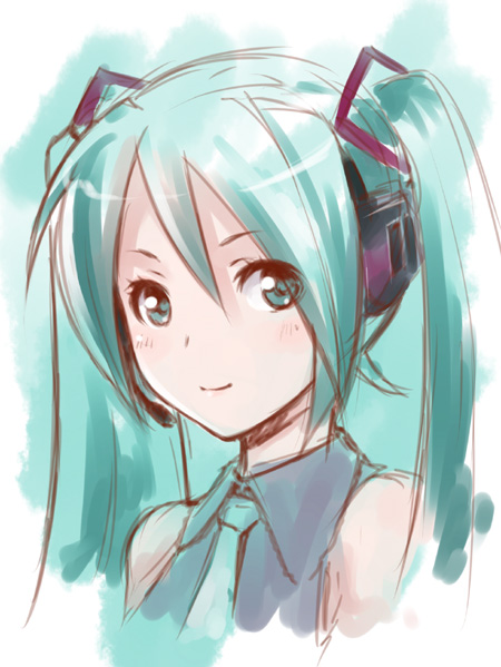 ha-ru, hatsune miku, vocaloid, 1girl, aqua hair, female focus, sketch, solo, twintails