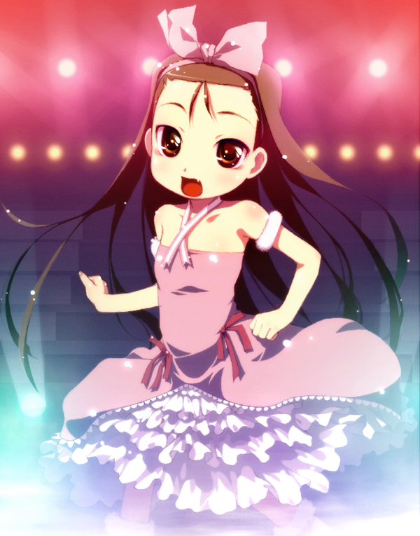 chinchickrin, minase iori, idolmaster, idolmaster (classic), idolmaster 1, 00s, 1girl, :o, armlet, armpits, bare shoulders, brown eyes, brown hair, collarbone, cute & girly (idolmaster), dress, fang, female focus, hair ribbon, jewelry, layered dress, light rays, long hair, looking at viewer, open mouth, pink dress, ribbon, solo, stage, stage lights, very long hair
