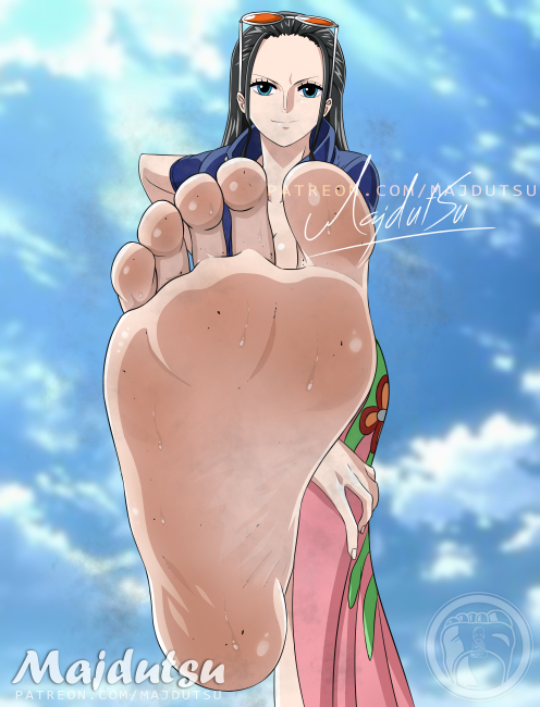 majdutsu, nico robin, highres, 1girl, artist name, barefoot, black hair, blue eyes, cloud, dirty, dirty feet, eyewear on head, feet, foot focus, long hair, looking at viewer, signature, sky, smile, soles, solo, sunglasses, sweat, toes, watermark