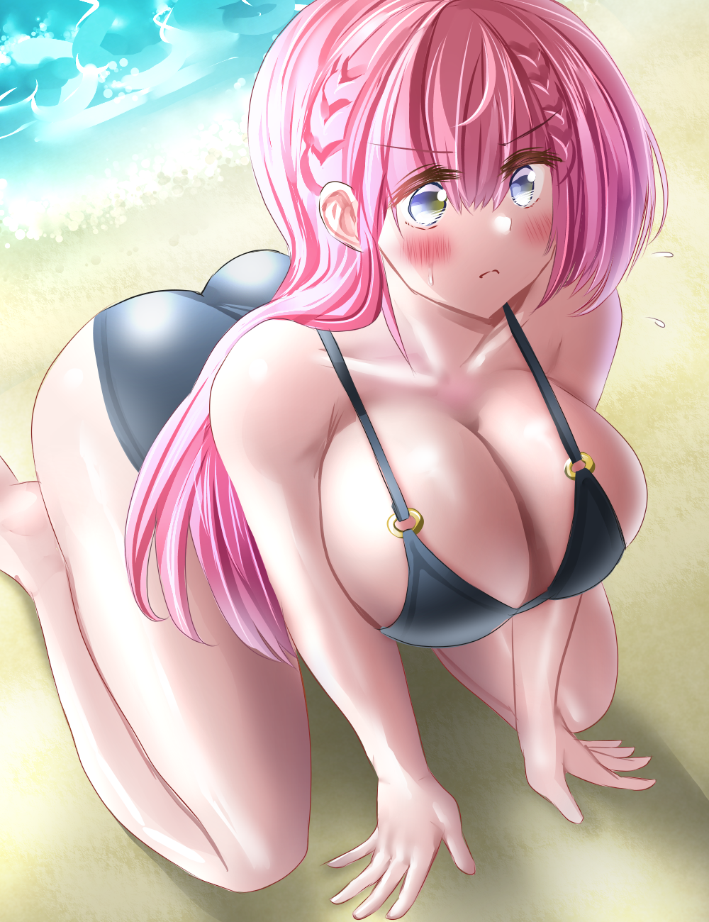gu~derenko, kirisu mafuyu, bokutachi wa benkyou ga dekinai, highres, 1girl, aqua eyes, ass, bare shoulders, beach, bikini, black bikini, blue eyes, blush, breasts, butt crack, cleavage, collarbone, day, feet, kneeling, large breasts, legs, long hair, looking to the side, ocean, pink hair, shiny skin, solo, swimsuit, thighs