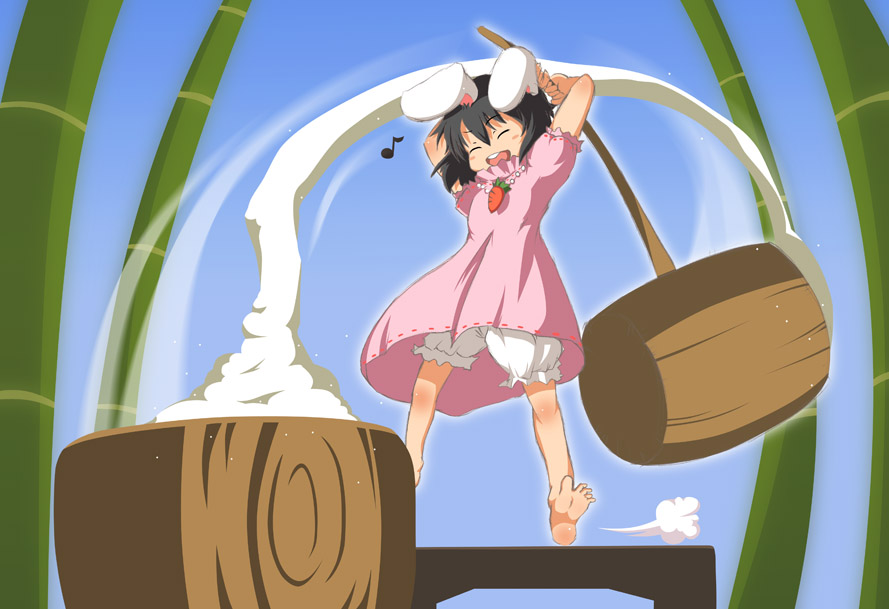 konata gazel, nanatsuhane, inaba tewi, touhou, 1girl, bamboo, barefoot, black hair, bloomers, buck teeth, closed eyes, dress, feet, female focus, food, mallet, mochi, mochitsuki, musical note, quaver, short hair, solo, teeth, underwear, wagashi, white bloomers