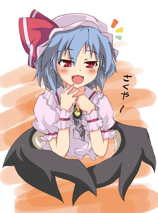 konata gazel, nanatsuhane, remilia scarlet, touhou, 1girl, blue hair, blush, fangs, female focus, hat, hat ribbon, pink hat, red eyes, ribbon, short hair, smile, solo, wings, wrist cuffs