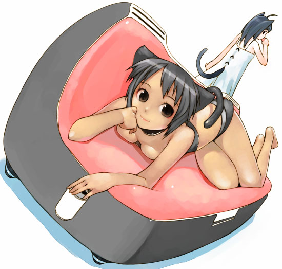 kimura daisuke, original, bad id, bad pixiv id, 2girls, animal ears, barefoot, breast press, breasts, can, cat ears, cat tail, couch, drink, medium breasts, multiple girls, tail