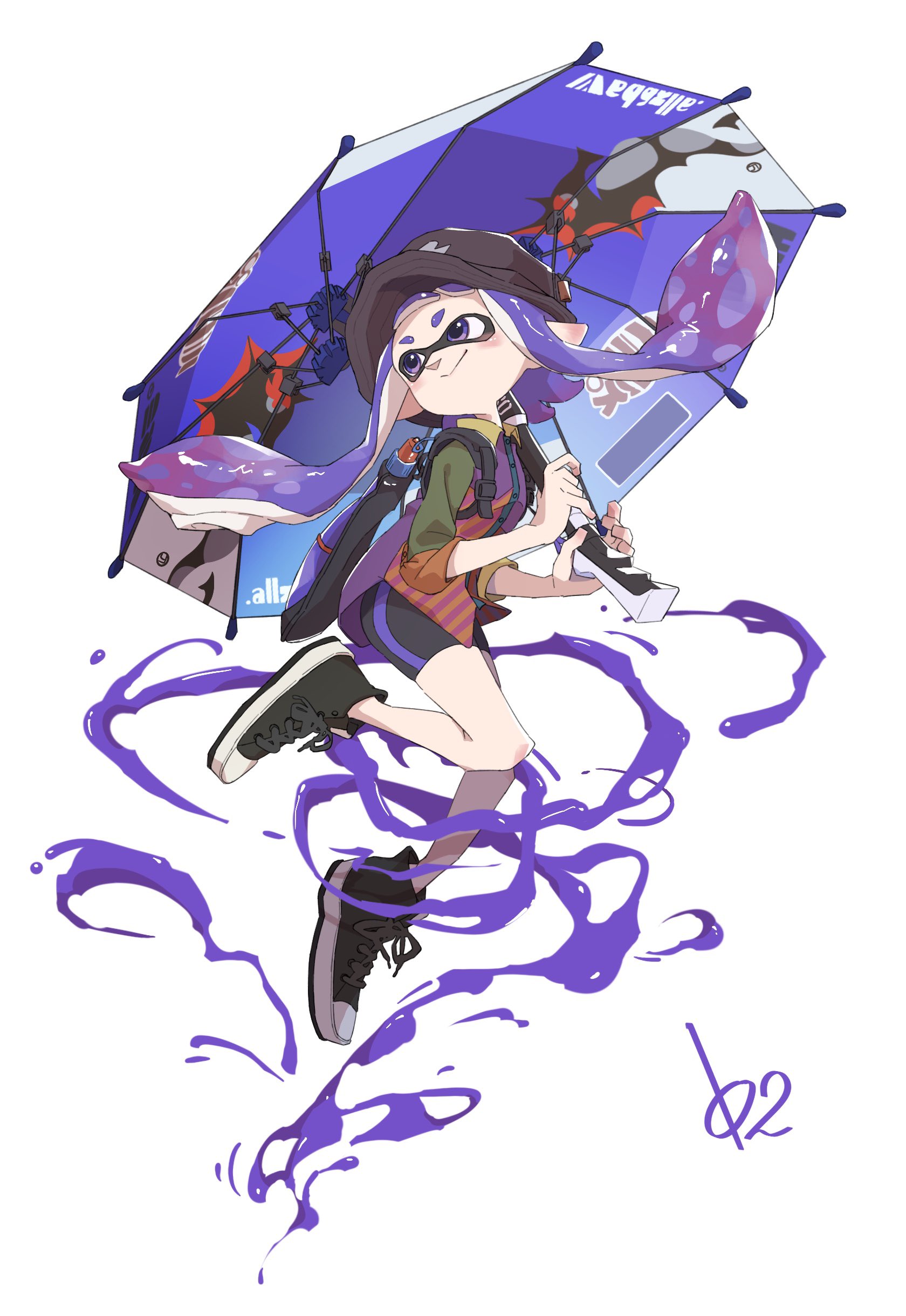 tartarte tatin, inkling girl, inkling player character, nintendo, splatoon (series), absurdres, commentary, highres, symbol-only commentary, 1girl, bike shorts, black hat, black shoes, black shorts, bucket hat, closed mouth, collared shirt, dress shirt, floating hair, full body, green shirt, hat, holding, holding umbrella, ink tank (splatoon), inkling, long hair, multicolored shirt, orange shirt, pink shirt, pointy ears, purple eyes, purple hair, purple shirt, shirt, shoes, shorts, simple background, smile, sneakers, solo, splat brella (splatoon), tentacle hair, three-quarter sleeves, umbrella, white background, yellow shirt