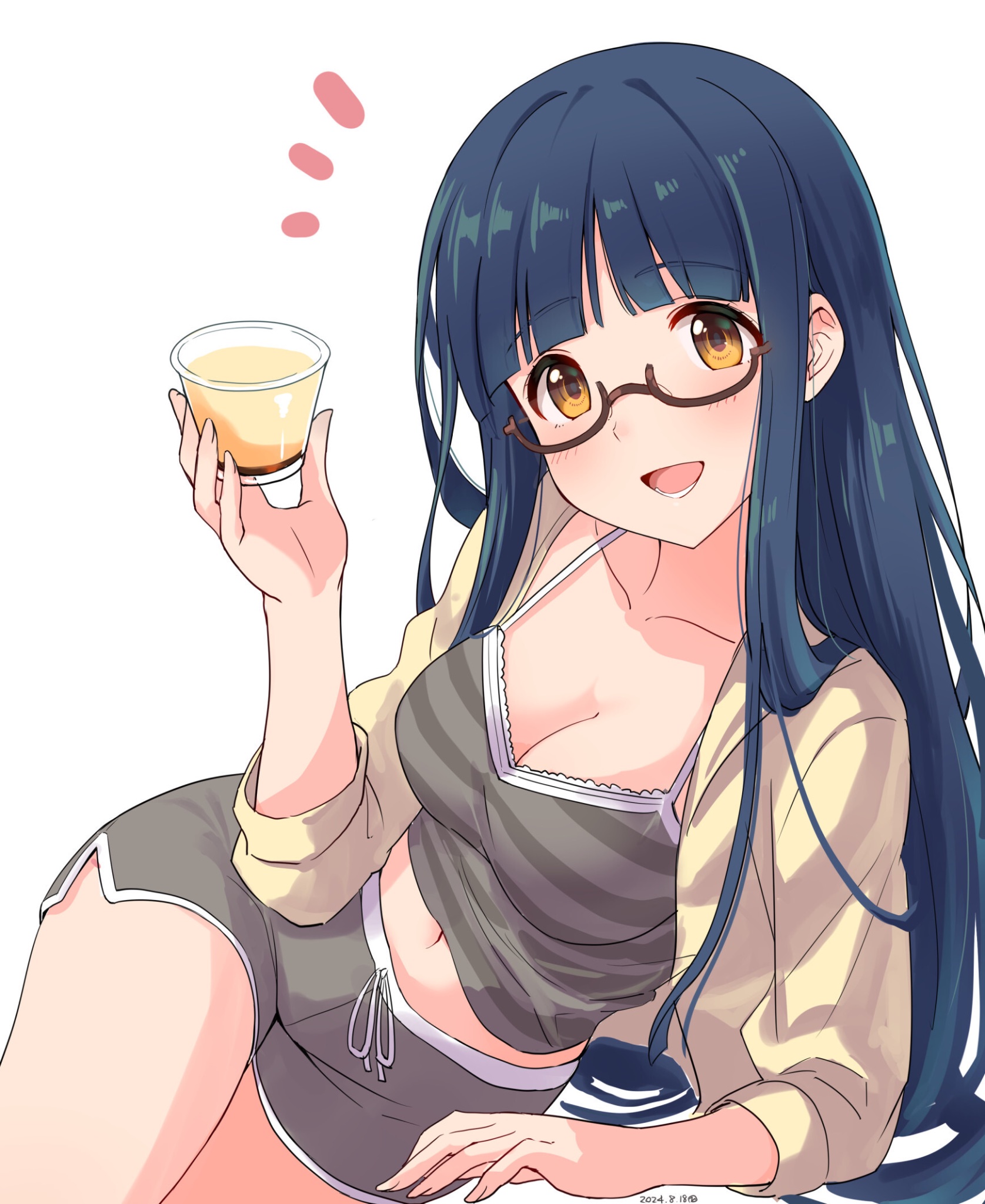 damokan66, kitakami reika, idolmaster, idolmaster million live!, idolmaster million live! theater days, highres, 1girl, :d, blue hair, blunt bangs, blush, breasts, brown eyes, camisole, cleavage, collarbone, dated, eyelashes, food, grey camisole, grey shorts, hair down, holding, holding food, jacket, large breasts, light blush, long hair, lower teeth only, lying, midriff peek, navel, on side, open clothes, open jacket, open mouth, pudding, short shorts, shorts, side slit, side slit shorts, smile, solo, striped camisole, teeth, very long hair, white background, yellow jacket