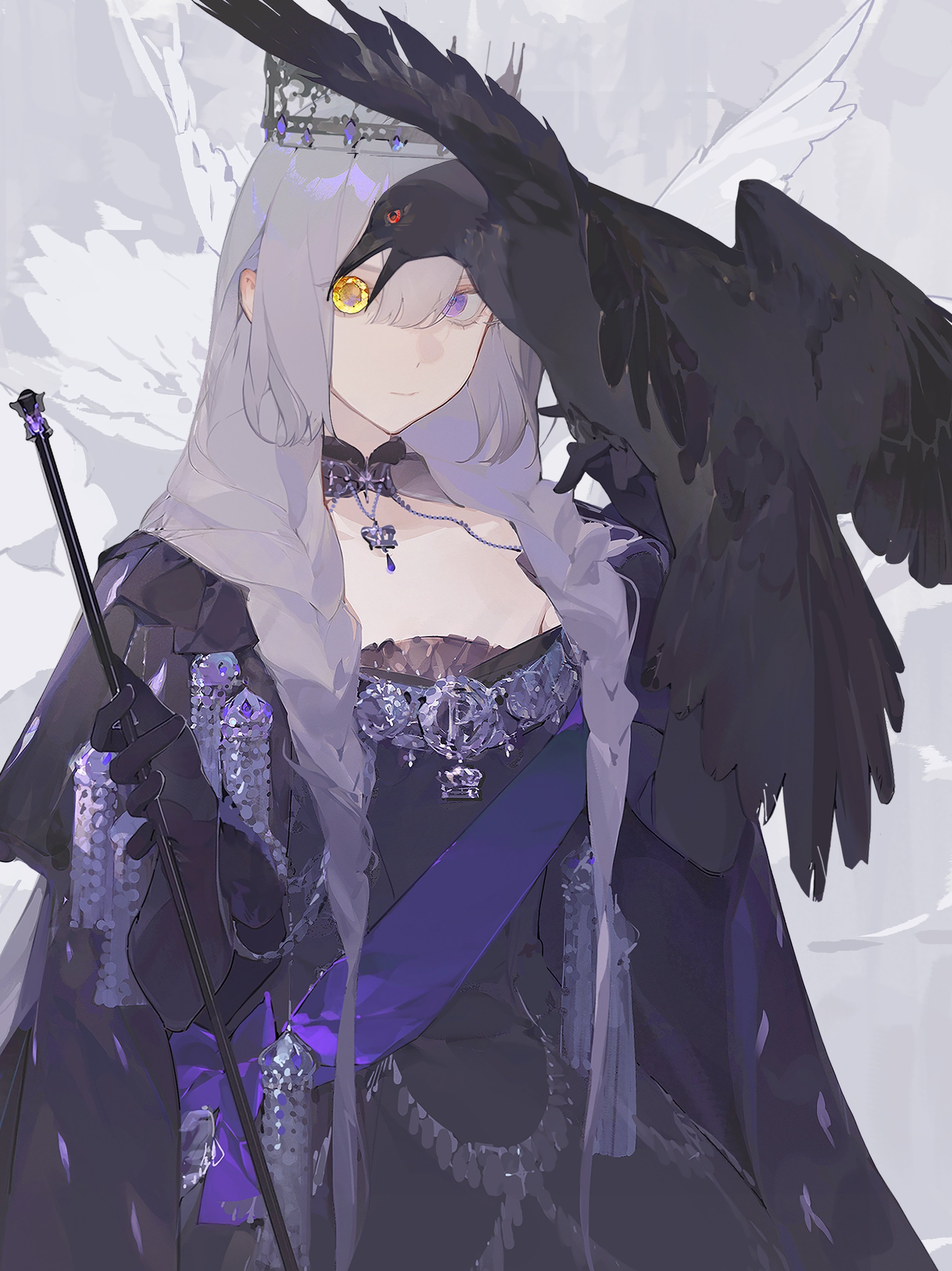 dlgeria, original, absurdres, highres, 1girl, animal, bird, bird on hand, black bird, black dress, black gloves, blue eyes, blue sash, crown, dress, elbow gloves, gloves, grey hair, jewelry, long hair, sash, solo, upper body